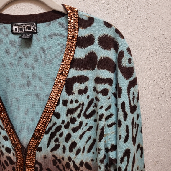 VTG Berek Leopard Print Zip Cardigan Sweater Brown Turquoise Ombre Sequins READ - Picture 4 of 8